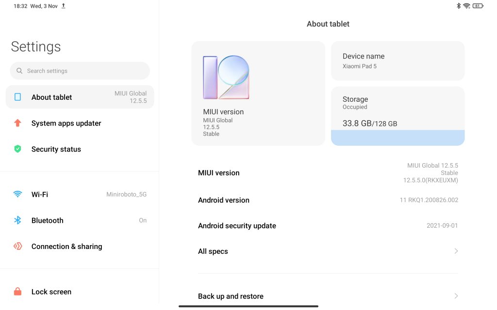 Xiaomi Pad 5 settings